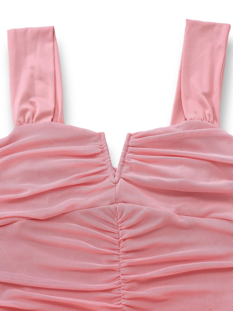 1930s Solid Mesh Patchwork Ruched Bodycon Dress