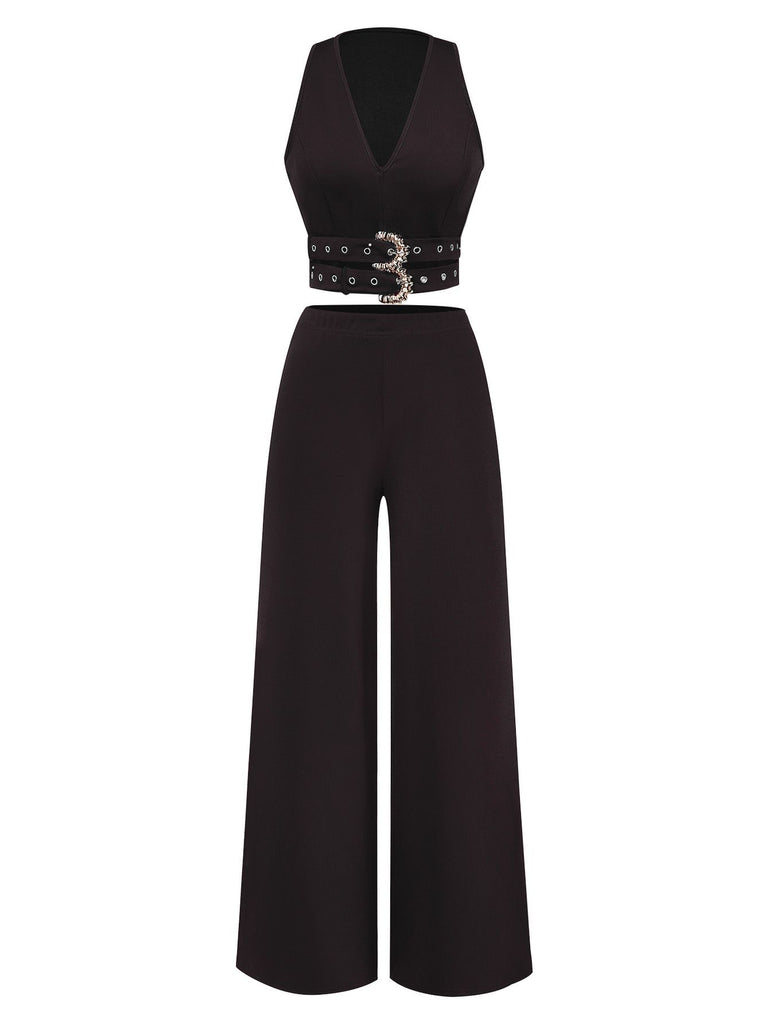 2PCS 1950s Deep-V Belted Detail Vest & Solid Pants