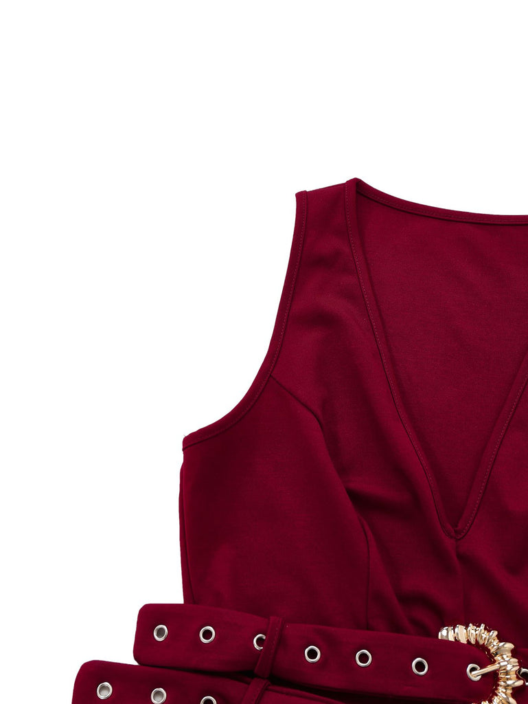 2PCS 1950s Deep-V Belted Detail Vest & Solid Pants