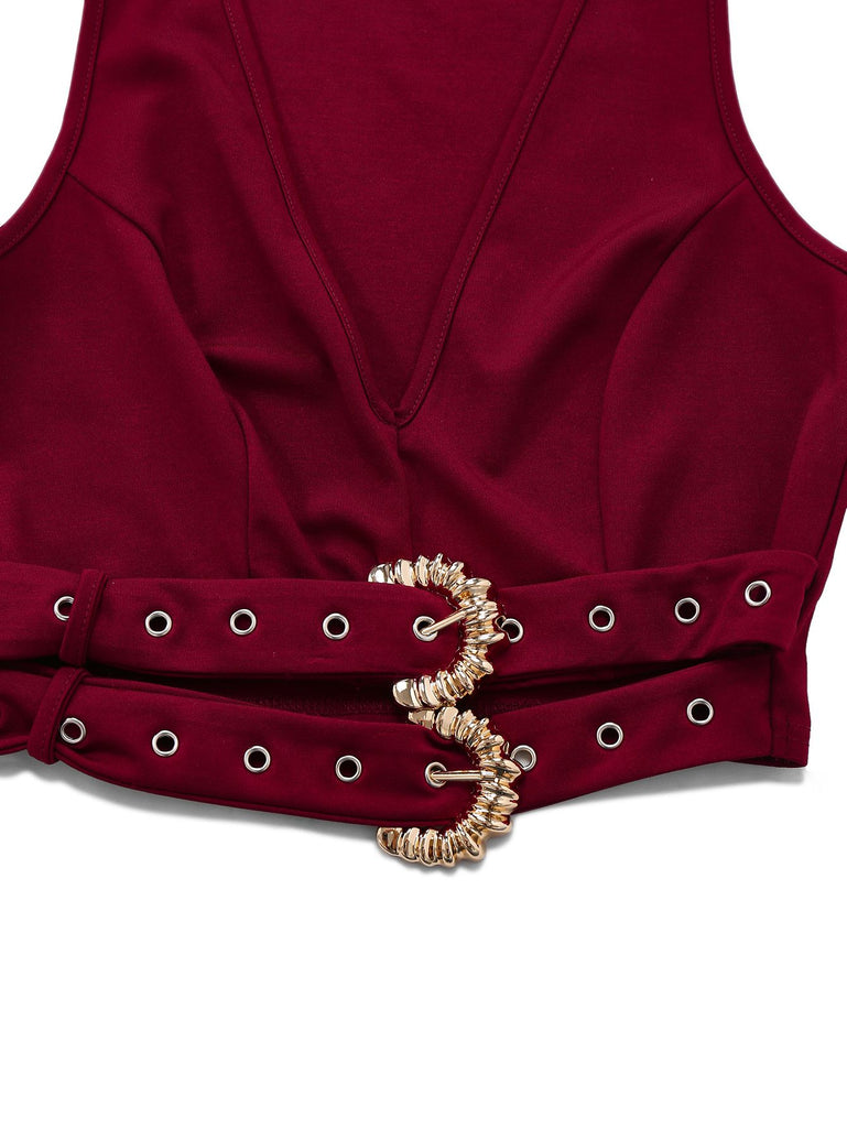 2PCS 1950s Deep-V Belted Detail Vest & Solid Pants