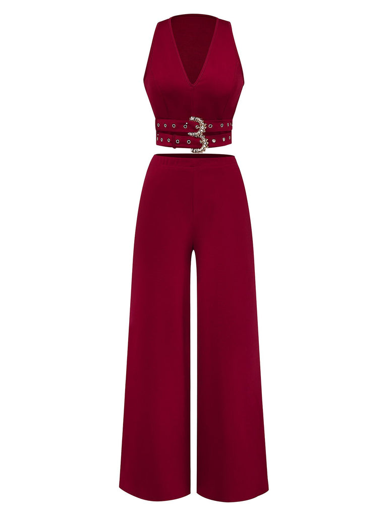 2PCS 1950s Deep-V Belted Detail Vest & Solid Pants