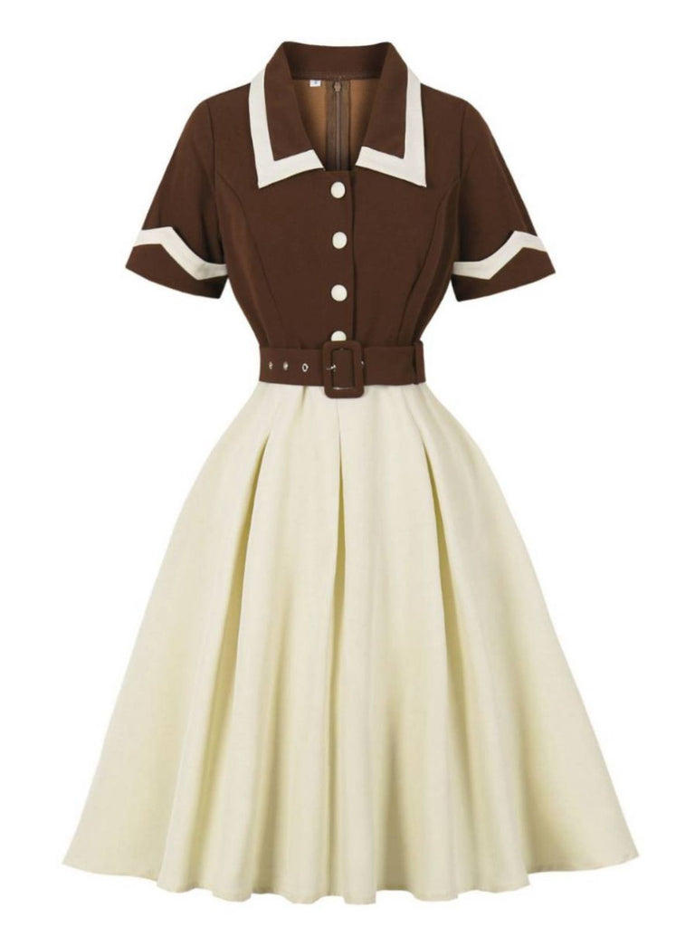 Coffee & Beige 1950s Contrast Lapel Belted Dress