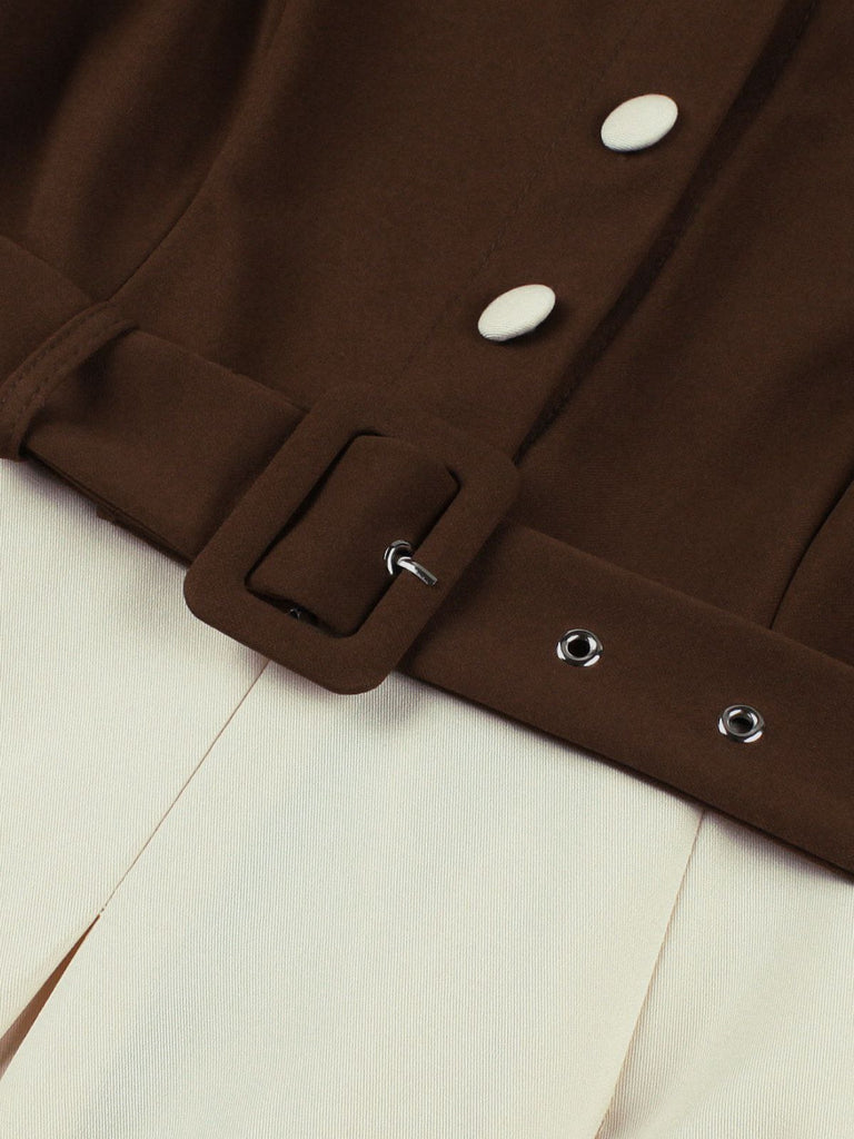 Coffee & Beige 1950s Contrast Lapel Belted Dress