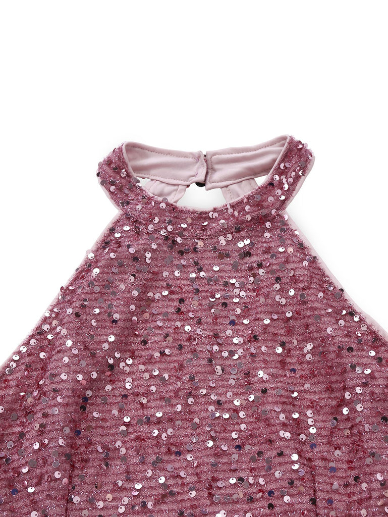 1950s Solid Beaded Sequined Sleeveless Patchwork Dress