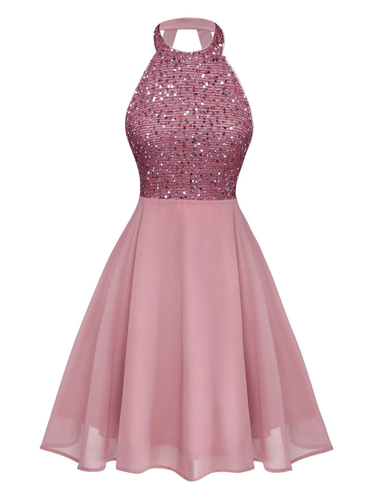 1950s Solid Beaded Sequined Sleeveless Patchwork Dress