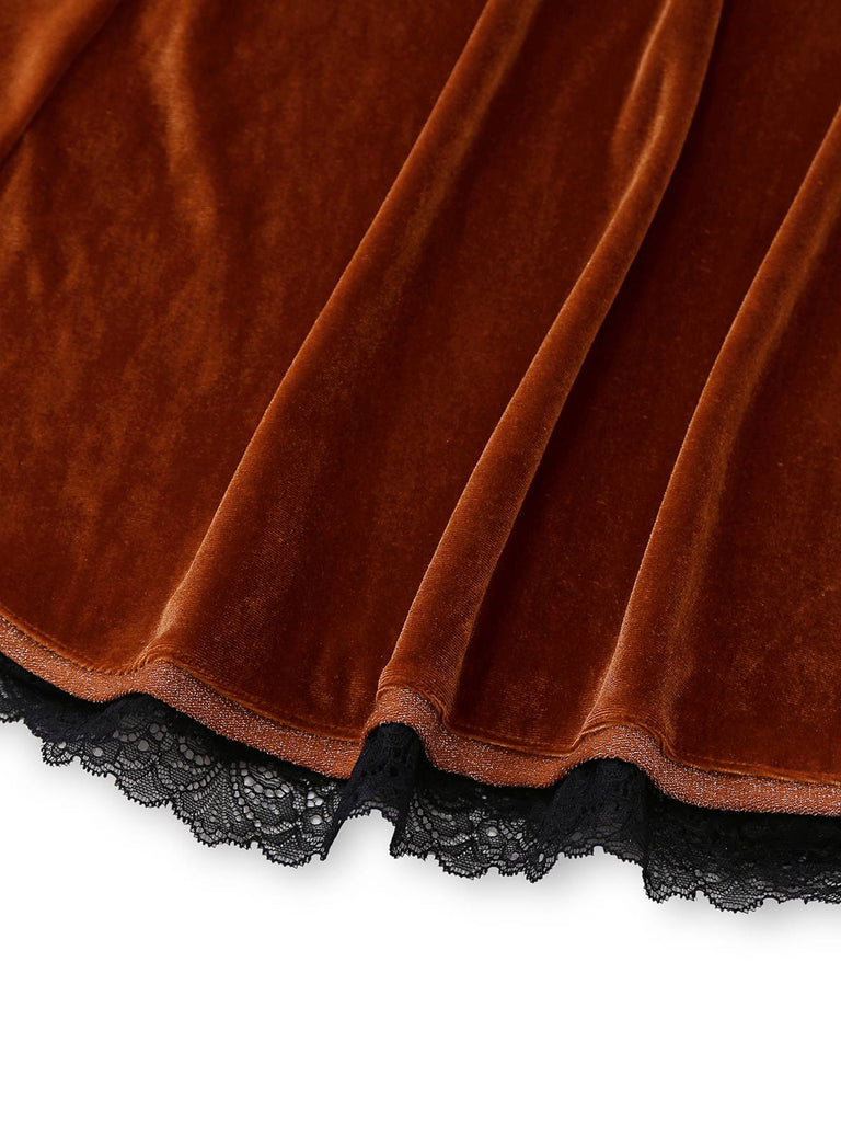 Brown 1940s Lapel Velvet Mock Two-Piece Solid Dress