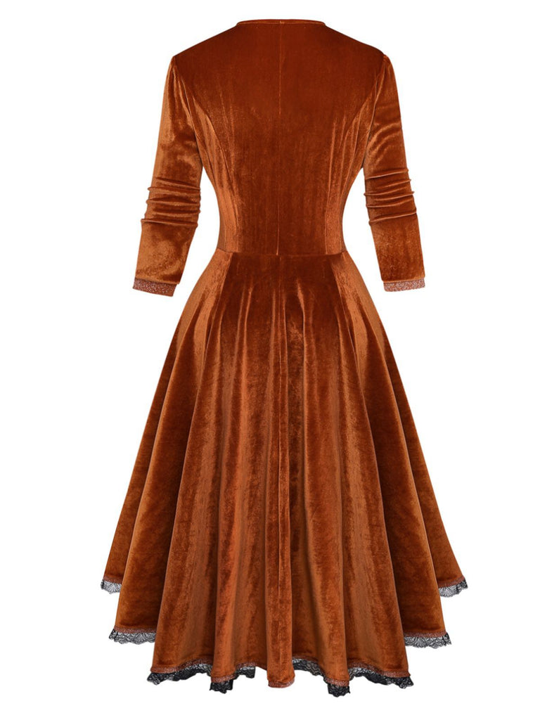 Brown 1940s Lapel Velvet Mock Two-Piece Solid Dress