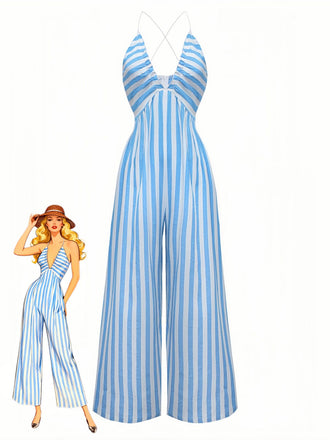Blue 1980s Striped Deep V Spaghetti Strap Jumpsuit