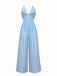 Blue 1980s Striped Deep V Spaghetti Strap Jumpsuit
