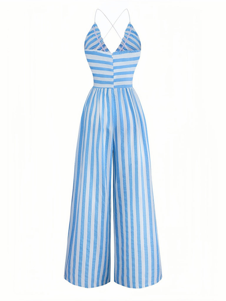 Blue 1980s Striped Deep V Spaghetti Strap Jumpsuit