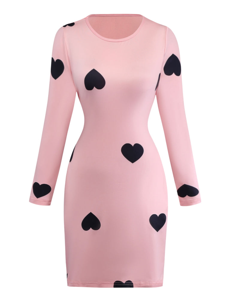 Pink 1960s Heart Round Neck Bodycon Dress