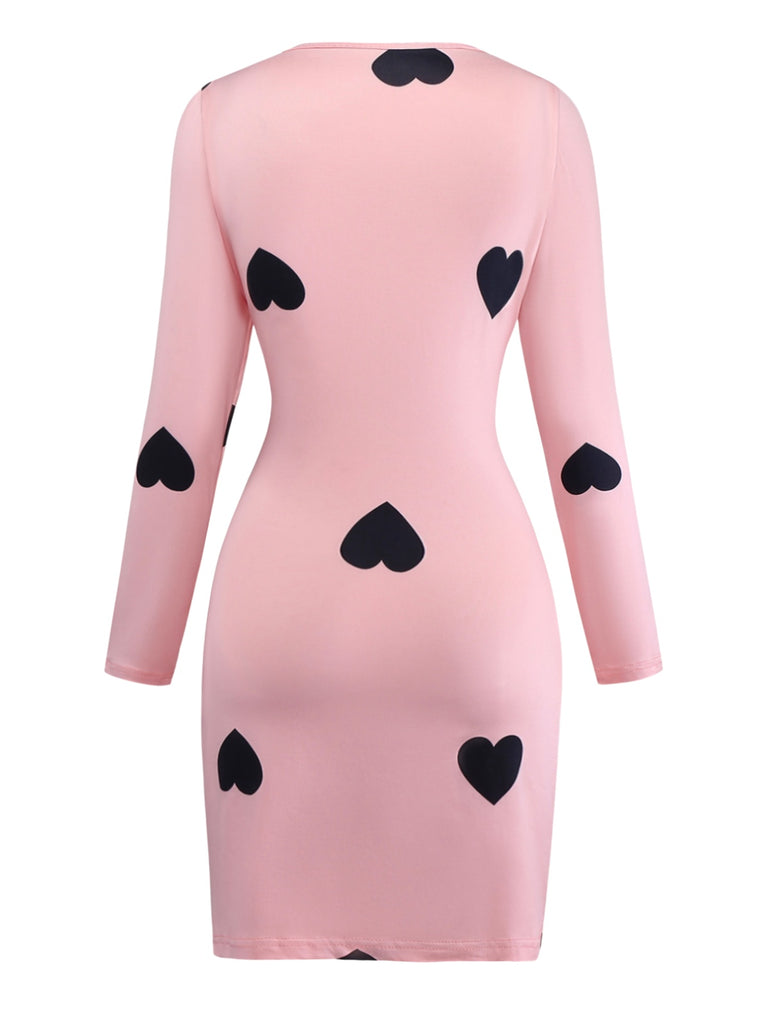 Pink 1960s Heart Round Neck Bodycon Dress