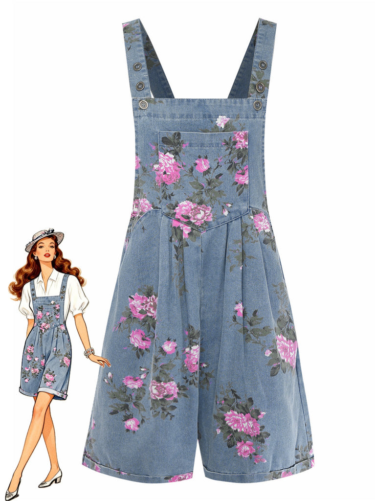 Blue 1960s Denim Floral Pocket Wide Strap Romper