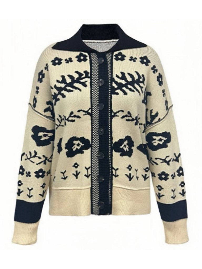 Beige 1940s Floral Drop Shoulder Knit Cardigan