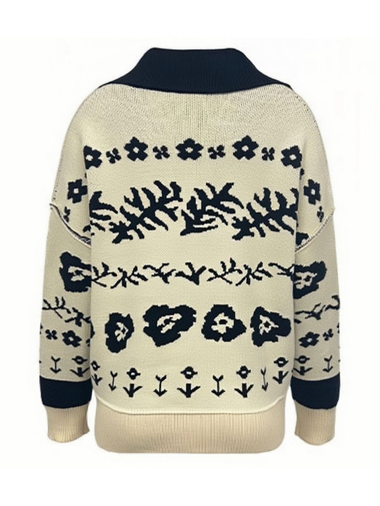 Beige 1940s Floral Drop Shoulder Knit Cardigan