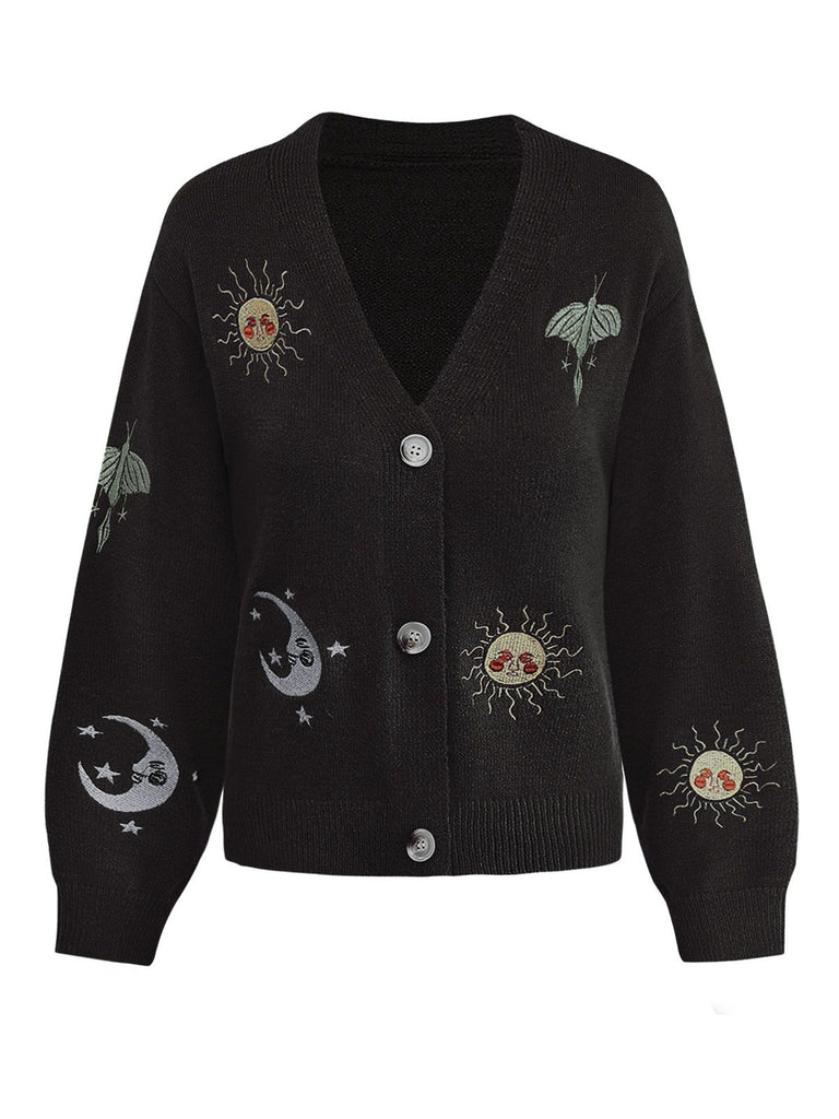 1980s Sun Moon Embroidered Lantern Sleeve Knitted Cardigan