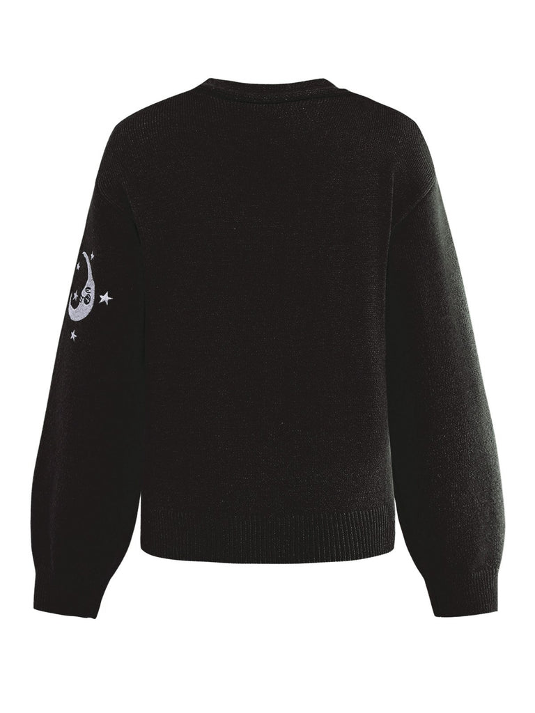 1980s Sun Moon Embroidered Lantern Sleeve Knitted Cardigan