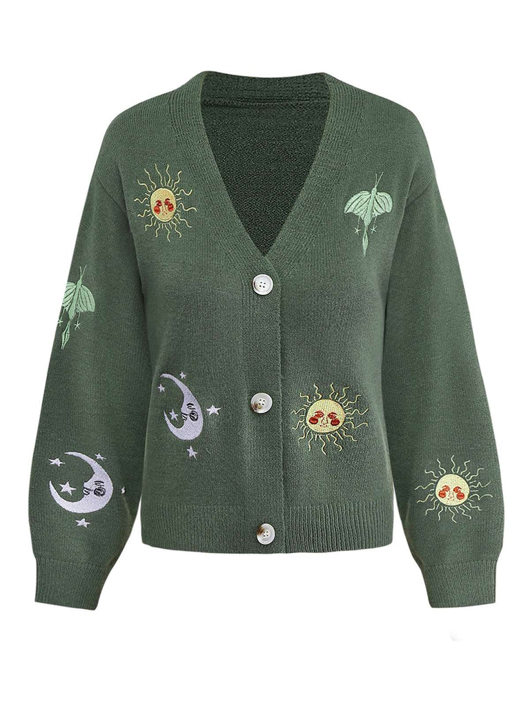 1980s Sun Moon Embroidered Lantern Sleeve Knitted Cardigan