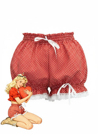 Red 1980s Polka Dot Bow Lace Trim Pumpkin Shorts