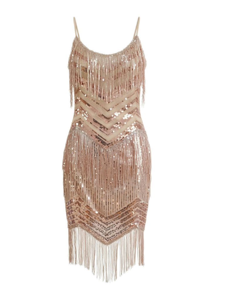 Champagne 1920s Spaghetti Strap Fringe Sequined Dress