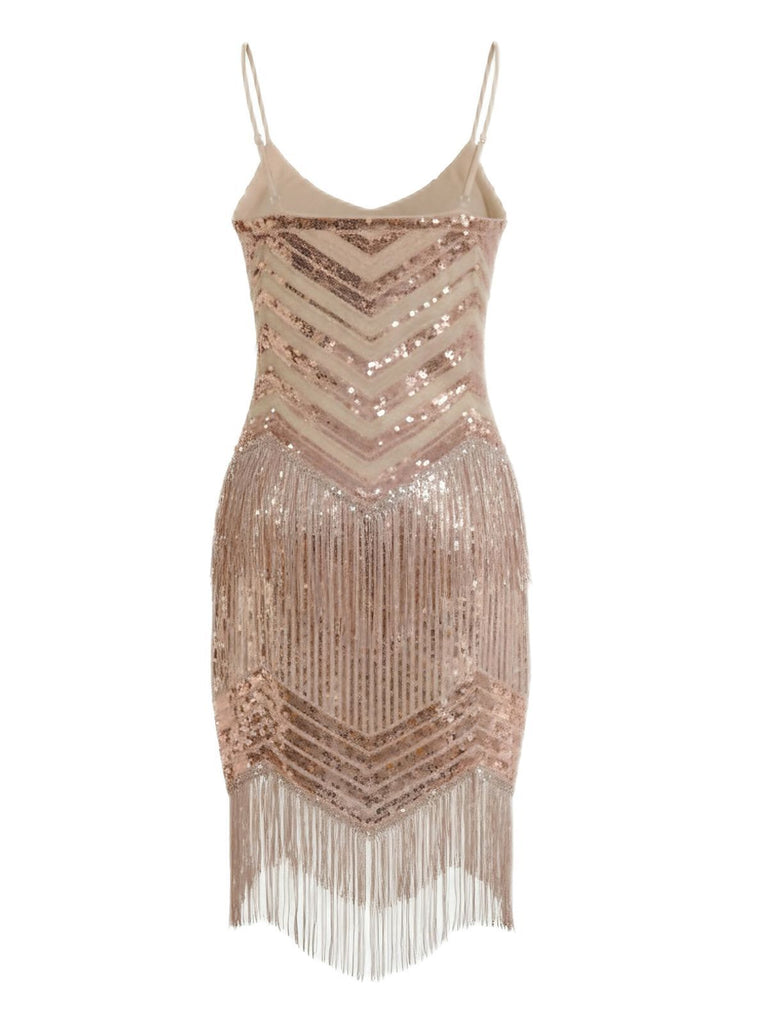 Champagne 1920s Spaghetti Strap Fringe Sequined Dress