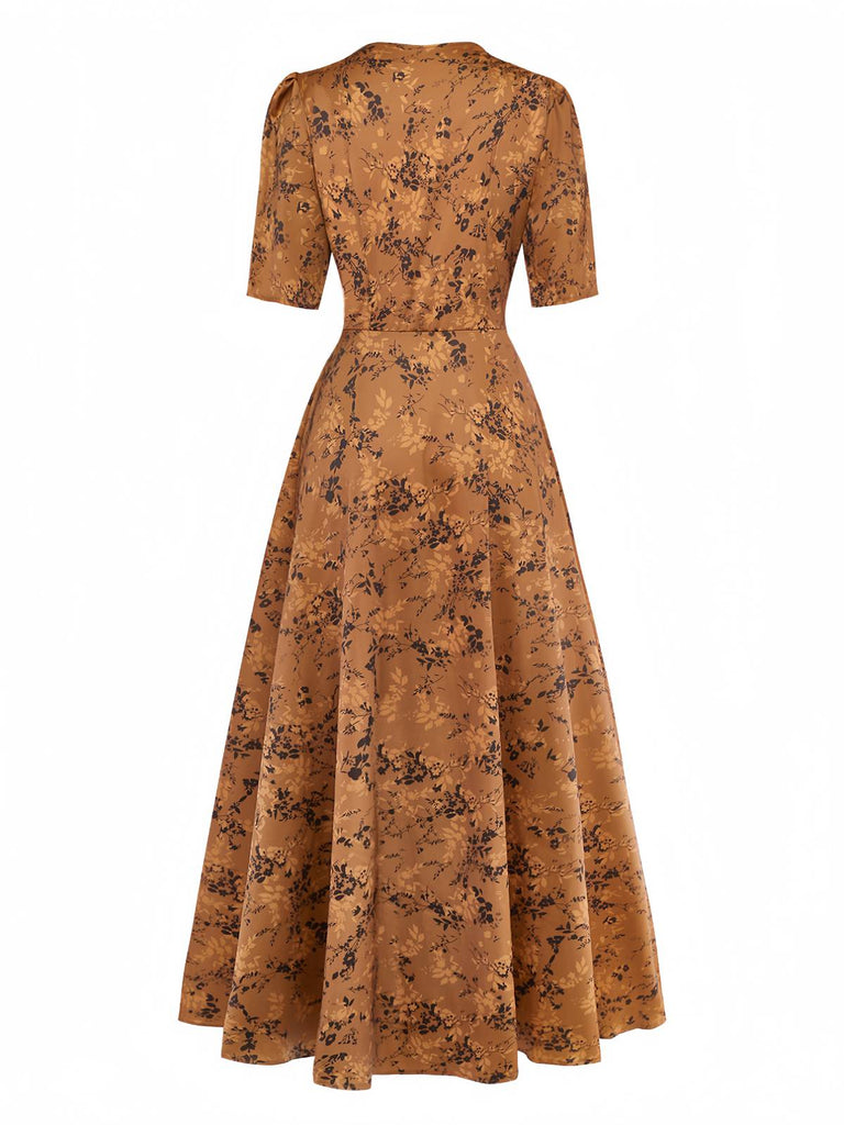 Brown 1930s Ditsy Floral Lapel Maxi Dress