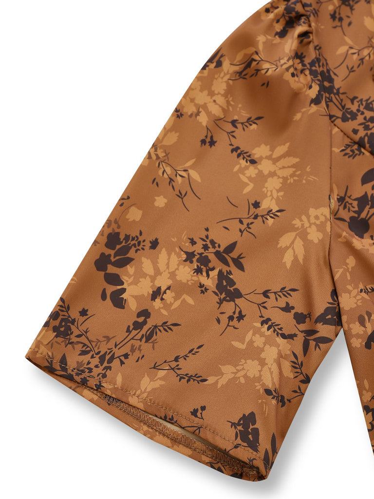 Brown 1930s Ditsy Floral Lapel Maxi Dress