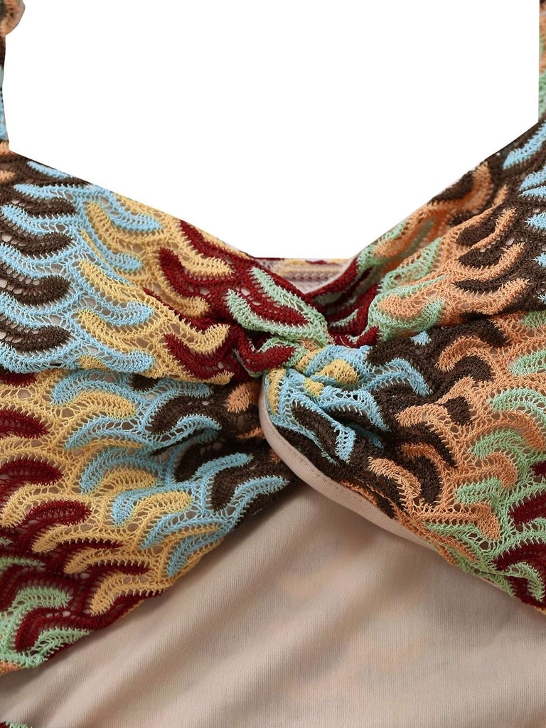 Multicolor 1960s Crochet Cutout Twist Ruffled Hem Dress