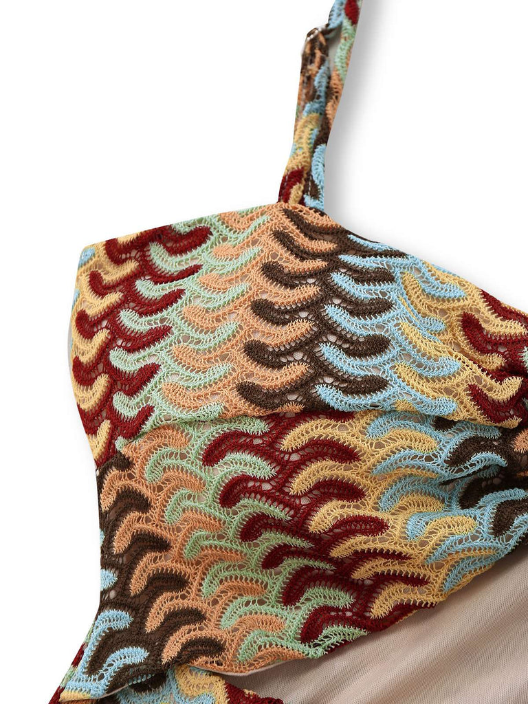 Multicolor 1960s Crochet Cutout Twist Ruffled Hem Dress