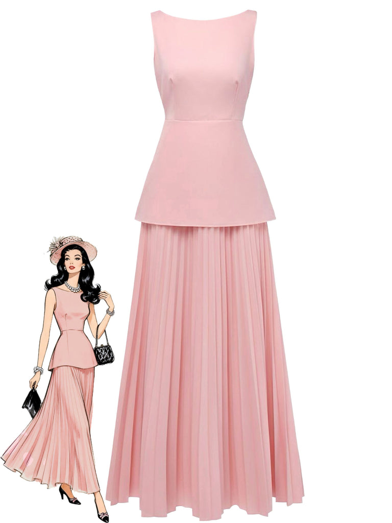 2PCS 1930s Sleeveless Boat Neck Knit Top & Pleated Maxi Skirt