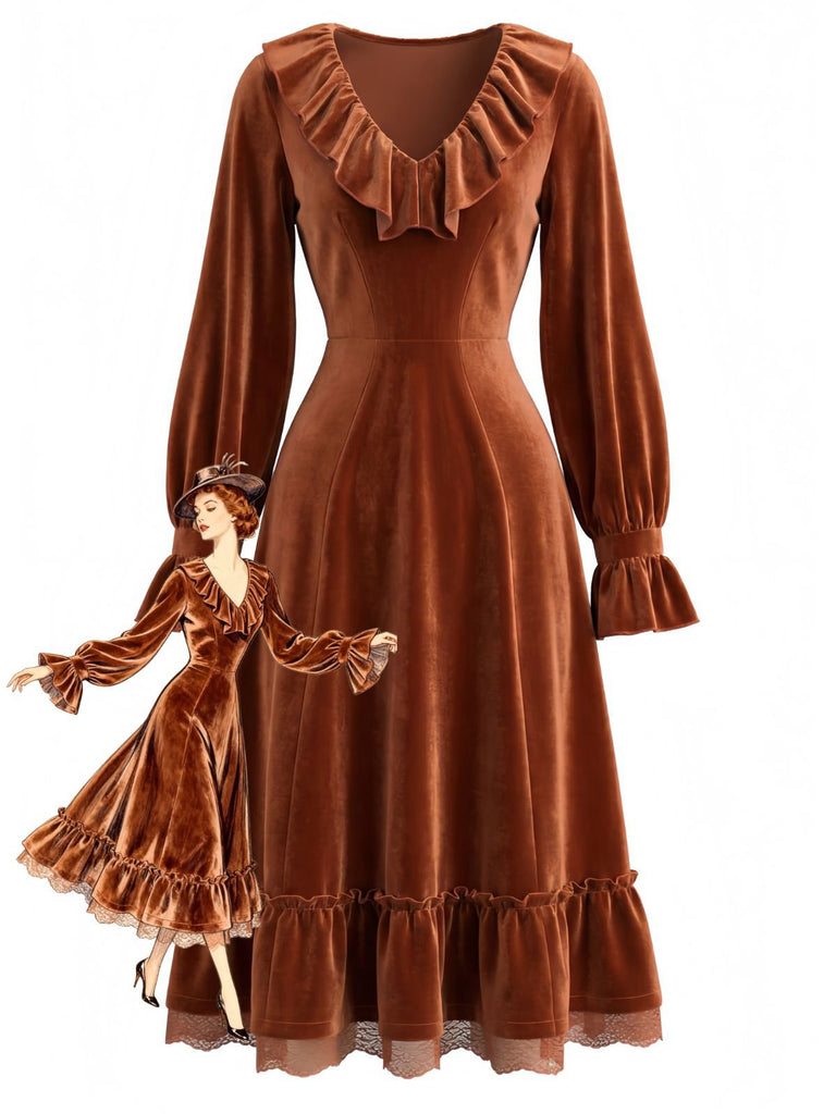 Brown 1940s Solid Corduroy Lace Ruffled Dress