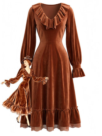 Brown 1940s Solid Corduroy Lace Ruffled Dress