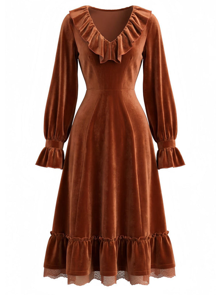 Brown 1940s Solid Corduroy Lace Ruffled Dress