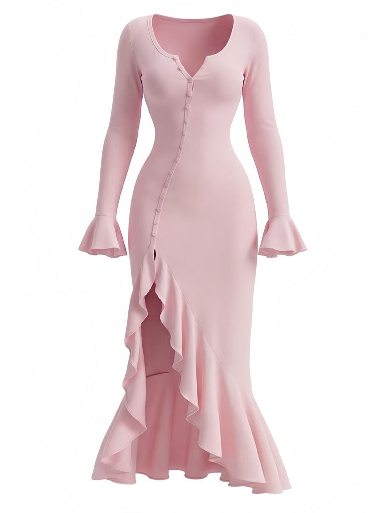 1930s Ruffled Button Side Slit Midi Dress