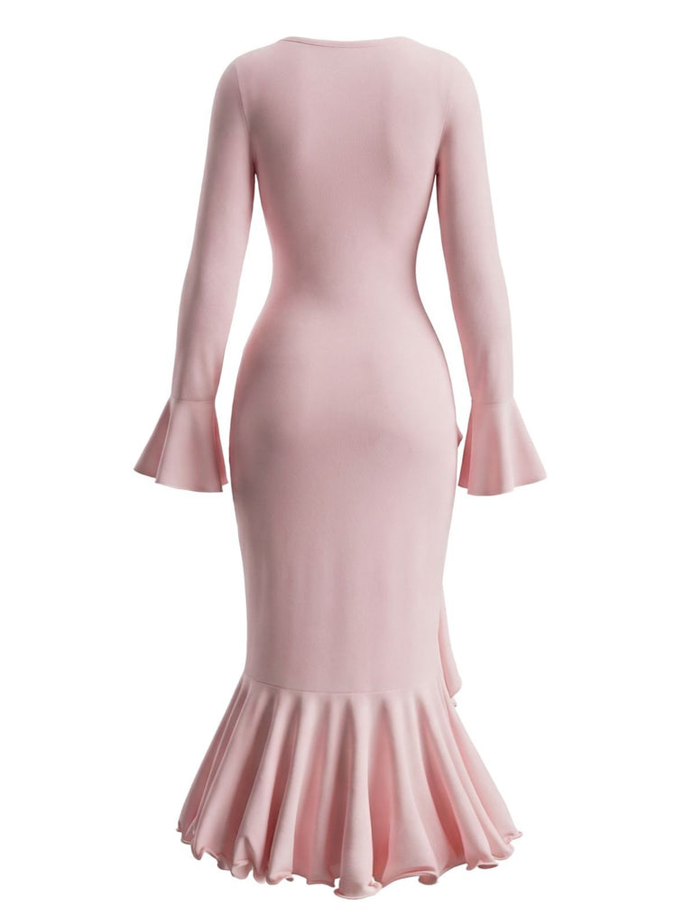 1930s Ruffled Button Side Slit Midi Dress