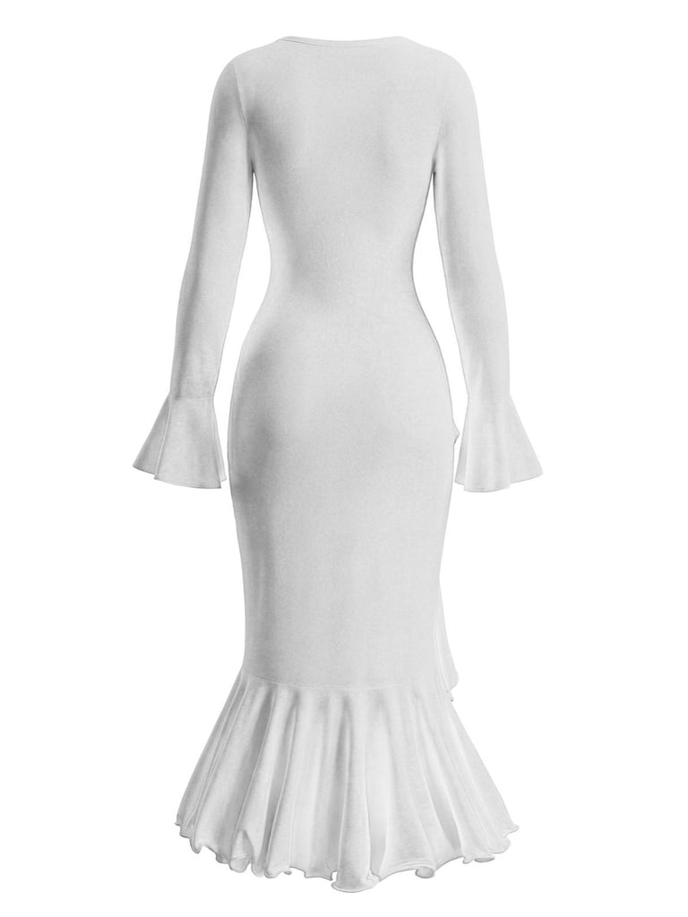 1930s Ruffled Button Side Slit Midi Dress