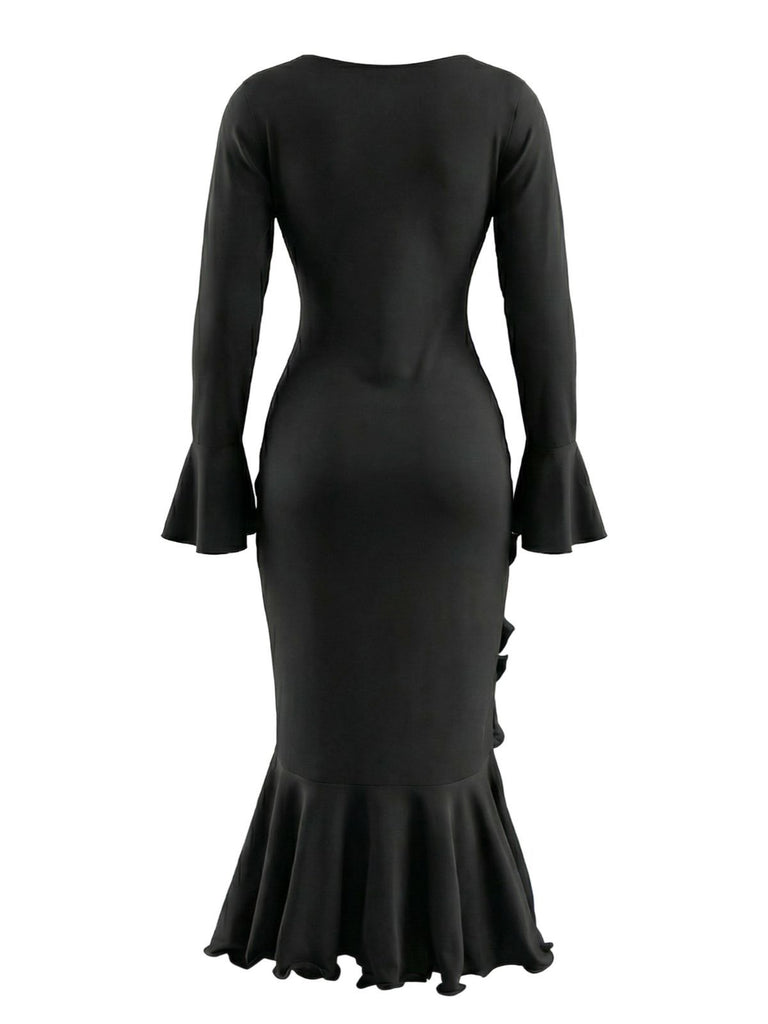 1930s Ruffled Button Side Slit Midi Dress