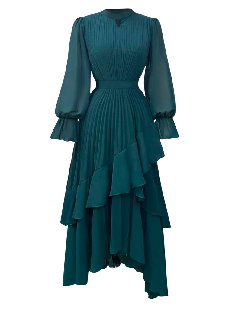 Green 1950s Solid Ruffled Hem Pleated Dress