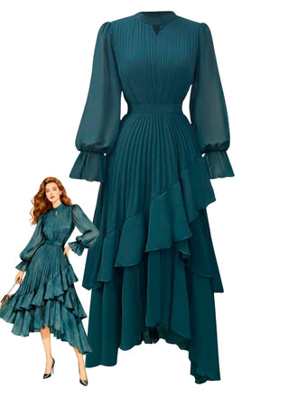 Green 1950s Solid Ruffled Hem Pleated Dress