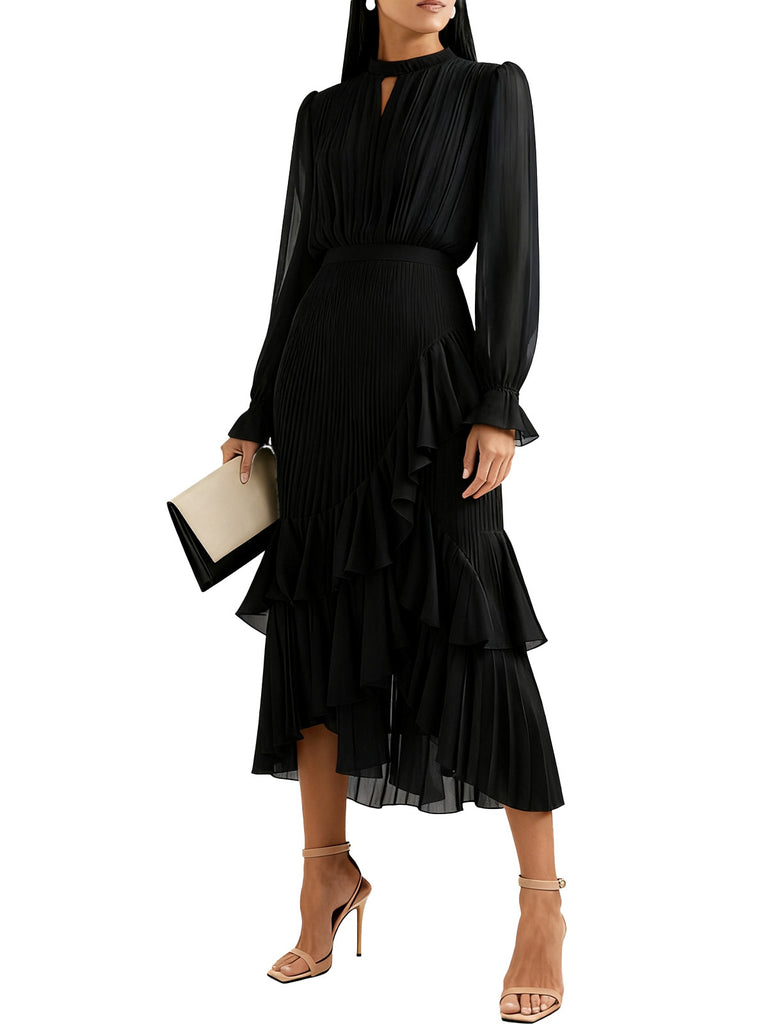 Green 1950s Solid Ruffled Hem Pleated Dress