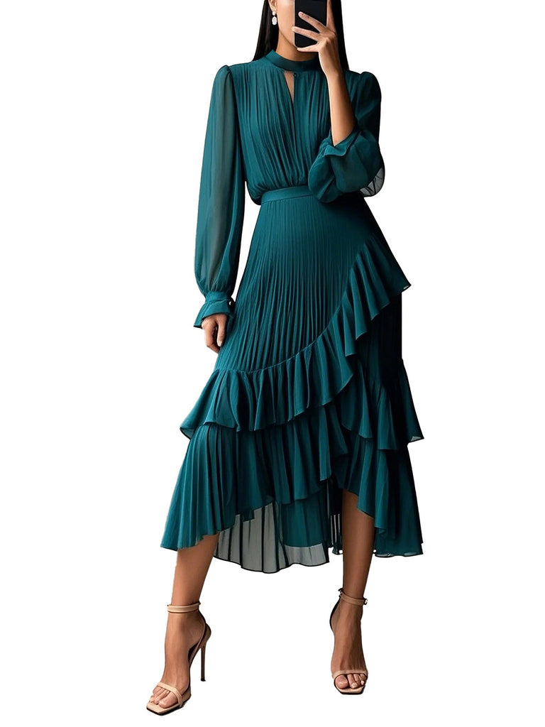 Green 1950s Solid Ruffled Hem Pleated Dress