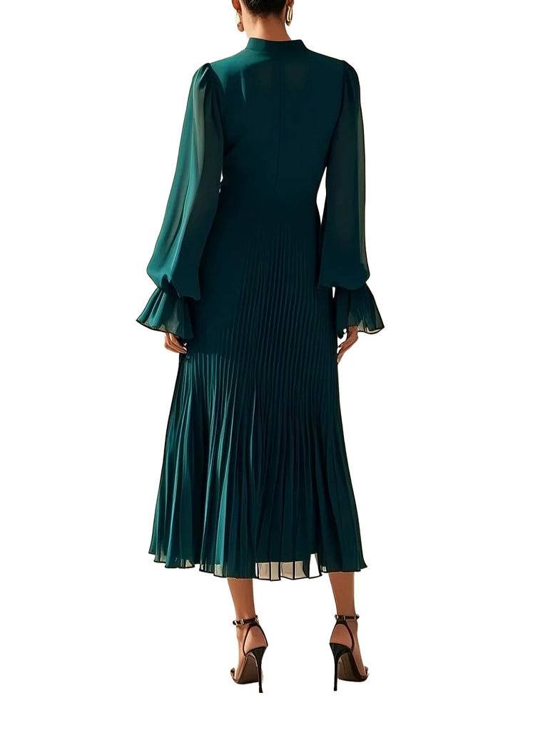 Green 1950s Solid Ruffled Hem Pleated Dress