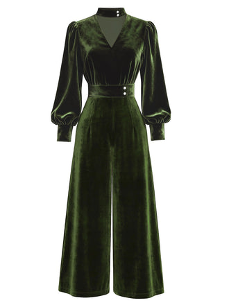 [Pre-Sale] Green 1960s Keyhole Neck Bishop Sleeve Velvet Jumpsuit