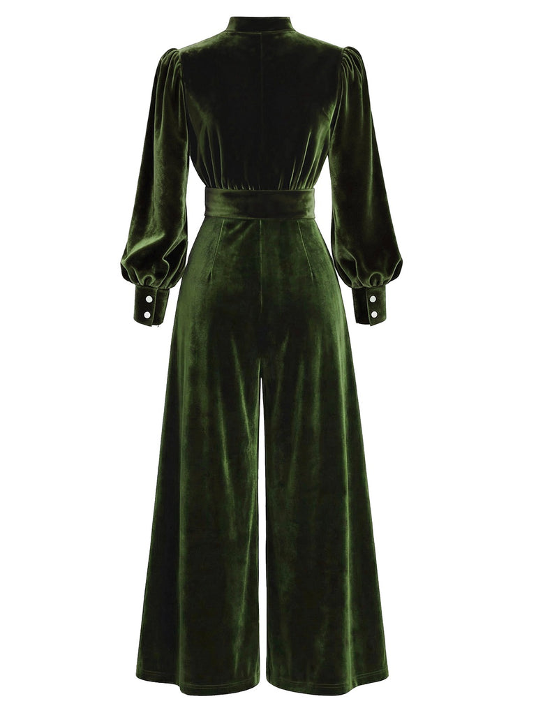 [Pre-Sale] Green 1960s Keyhole Neck Bishop Sleeve Velvet Jumpsuit