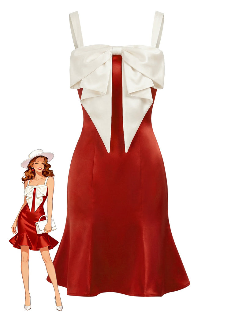 [Pre-Sale] Red 1930s Big Bow Colorblock Satin Fishtail Dress