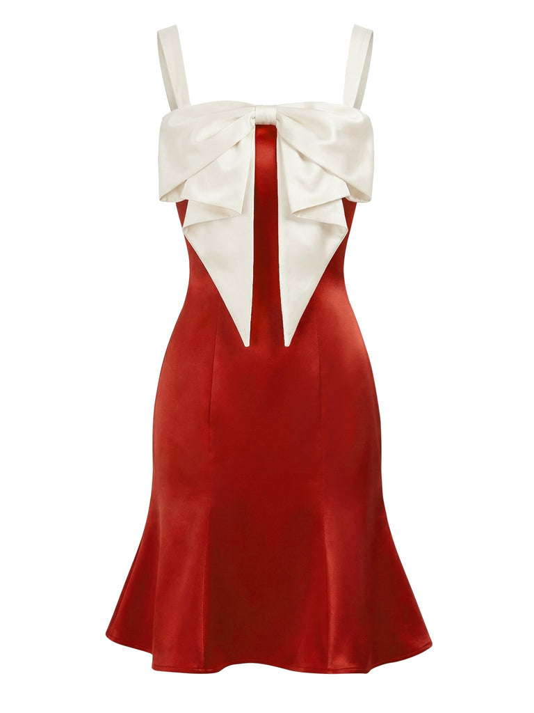 [Pre-Sale] Red 1930s Big Bow Colorblock Satin Fishtail Dress