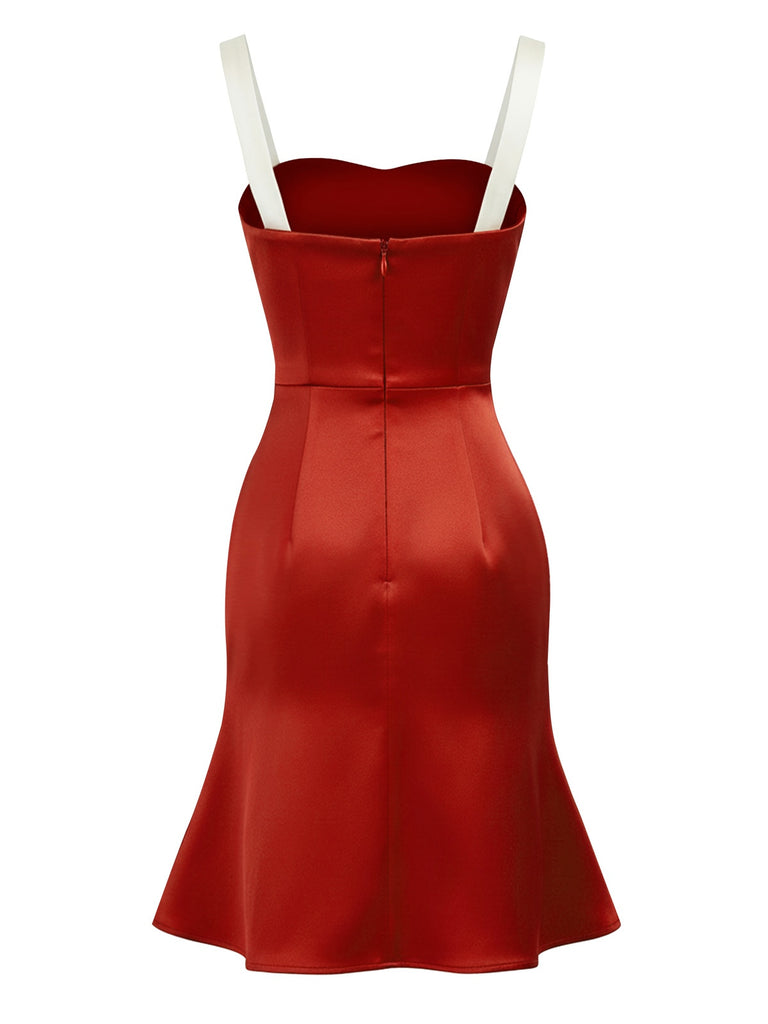 [Pre-Sale] Red 1930s Big Bow Colorblock Satin Fishtail Dress