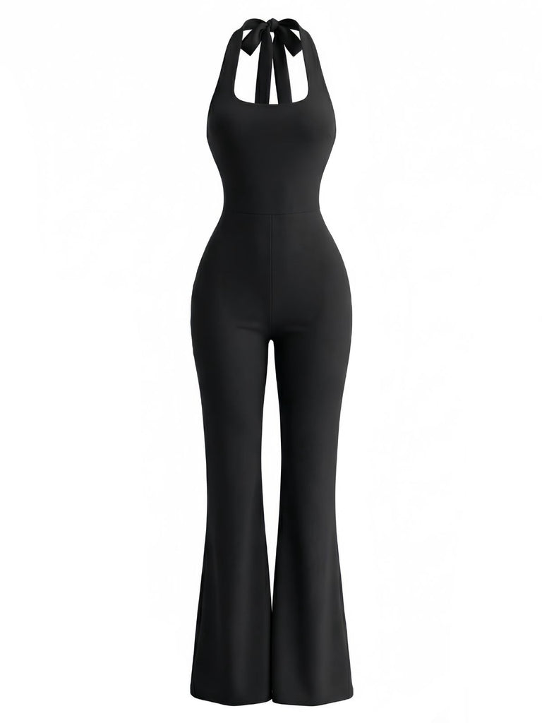 Black 1980s Solid Halter Backless Flared Jumpsuit