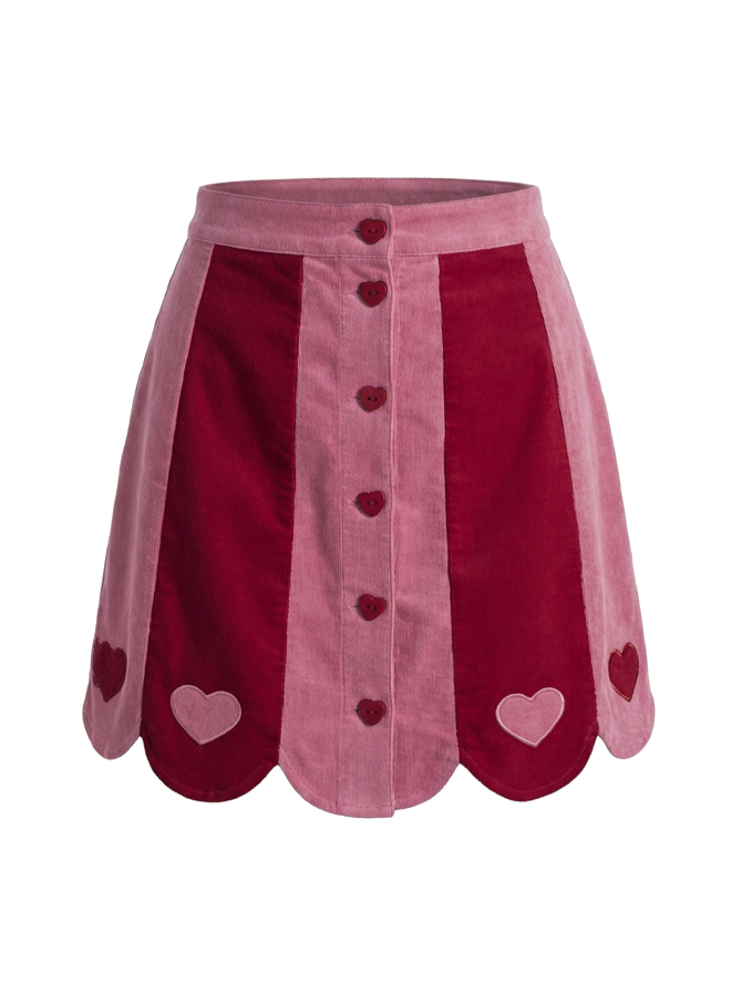[Pre-Sale] Pink 1960s Corduroy Heart Embroidered  Scalloped Hem Skirt