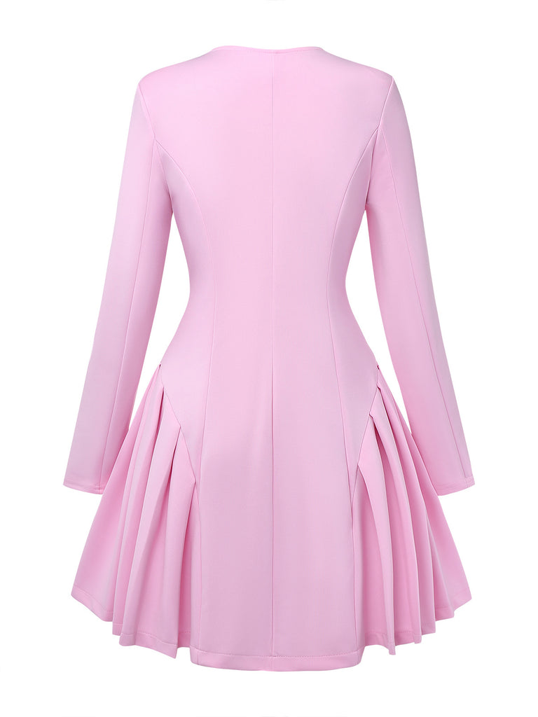 1950s Sweetheart Neck Long Sleeve Solid Pleated Dress